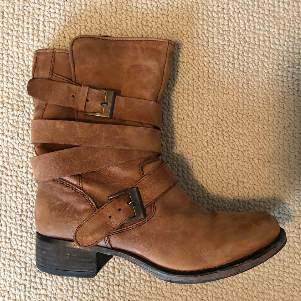 Short Brown Leather Boots with Stacked Buckle